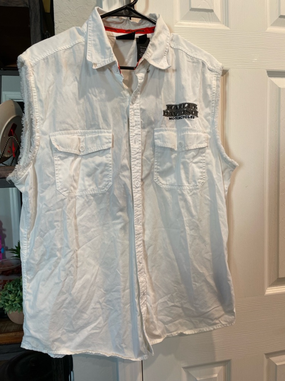 Vintage Harley-Davidson button down sleeveless white shirt embroidered logo Lg